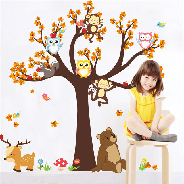 Cartoon Forest Tree Branch Animal Wall Stickers